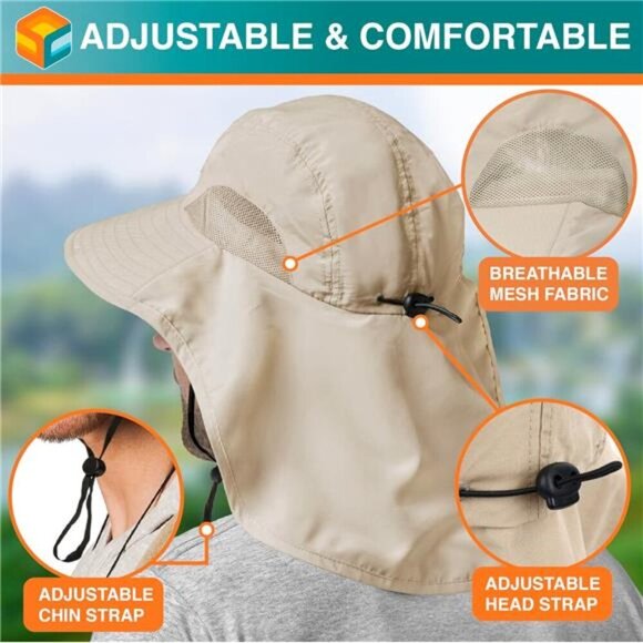 Wide Brim Sun Hat with Neck Flap, UPF50+ Hiking Safari Fishing Hat for Men Women - Picture 5 of 7